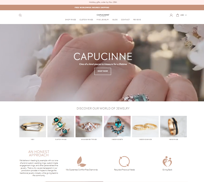 an excellently branded homepage for a jewelry business website