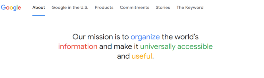 Mission statement on Google’s About page