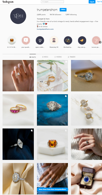 Instagram page for a jewelry store with content branding