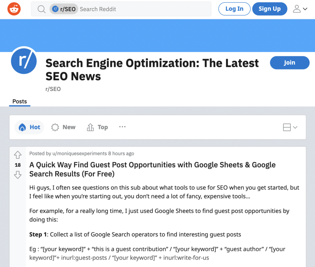sample Reddit forum on search engine optimization