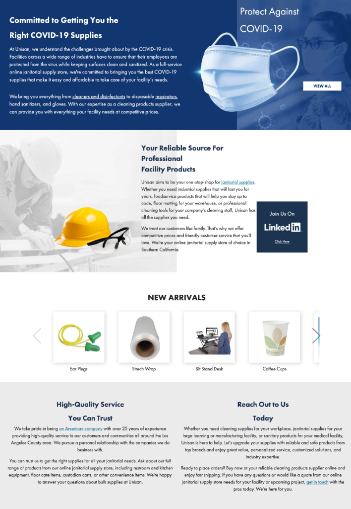 Screenshot of Unisan’s janitorial supply website