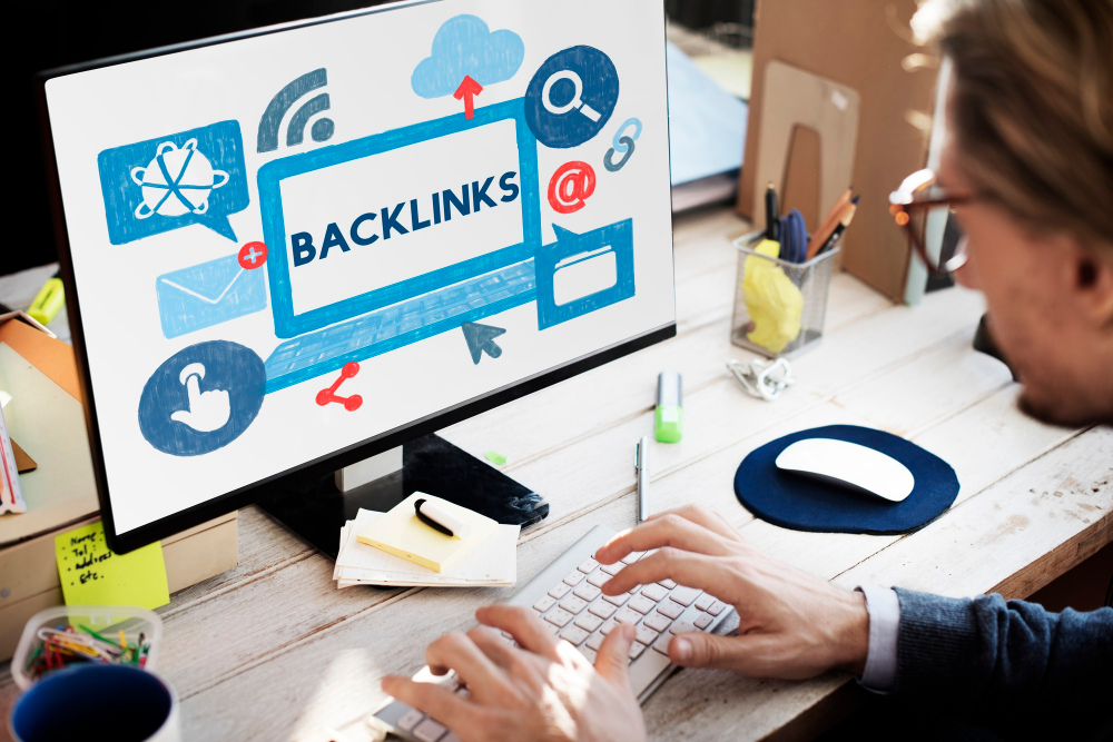 Man with desktop displaying backlinks graphics