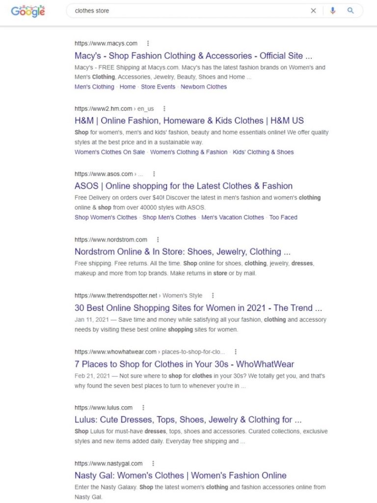 Top results for “clothes store” in Google