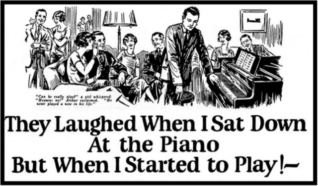 Black and white illustration of a group of friends sitting around a piano
