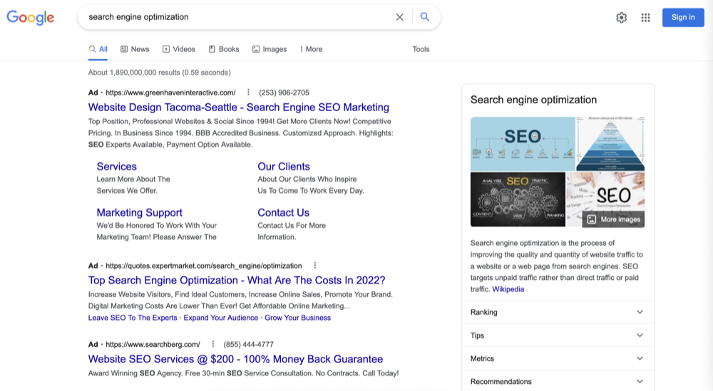 A Google search results page for the keyword “search engine optimization.”