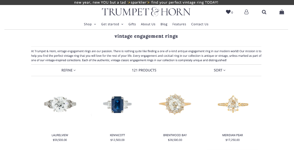 A jewelry webpage displaying rings