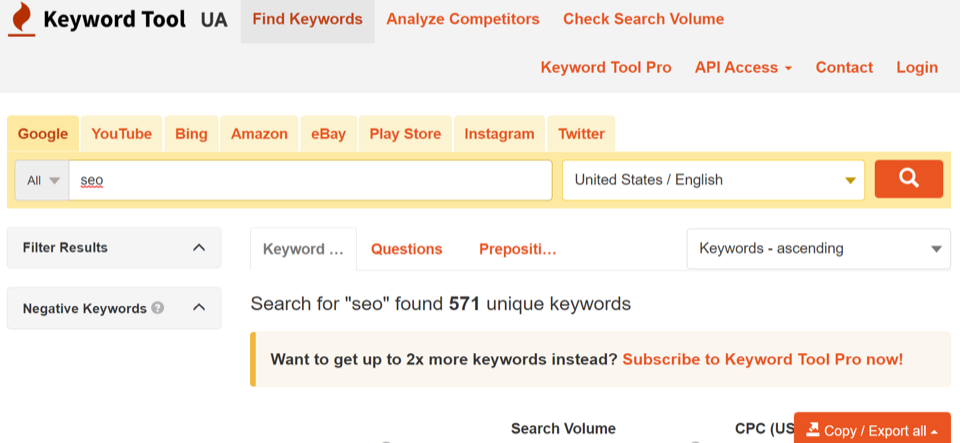 a keyword research tool displaying a search for the term “SEO”
