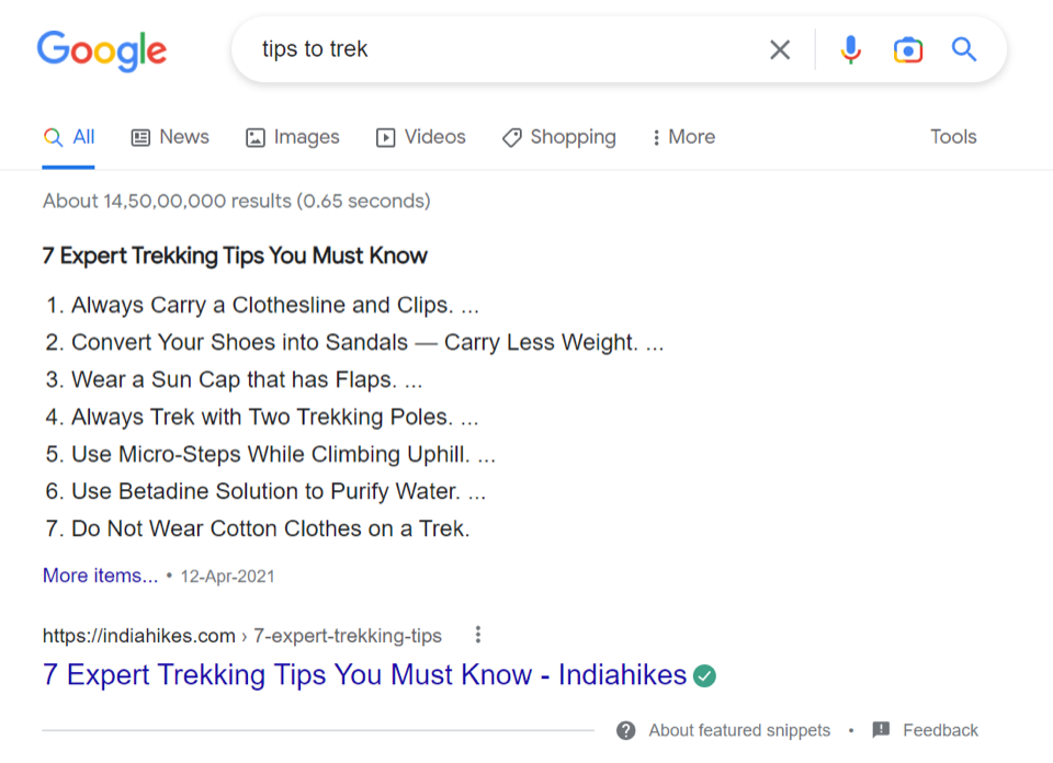 a featured snippet on Google for the term “tips to trek”