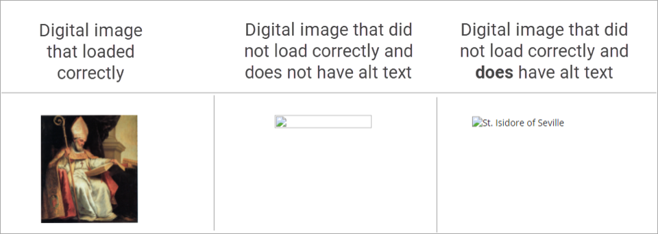 Three columns of alt text in an example of images not loading correctly