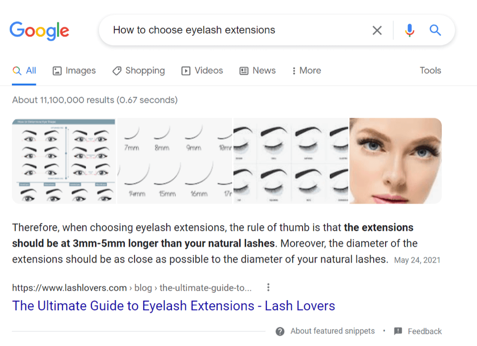 a paragraph featured snippet for an eyelash extensions keyword