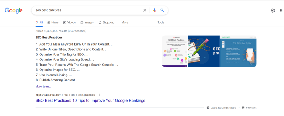 Example of a featured snippet on the search engine results pages for SEO best practices