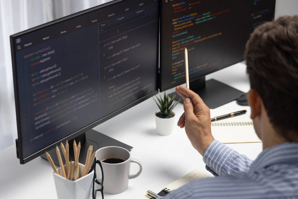 man looking at code for technical SEO fixes on desktop