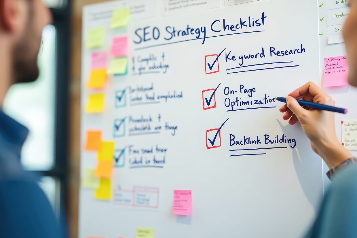 Whiteboard with SEO Strategy Checklist written