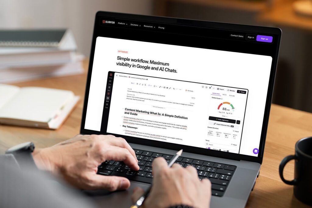 Surfer's website Simple workflow. Maximum visibility in Google and AI Chats.
