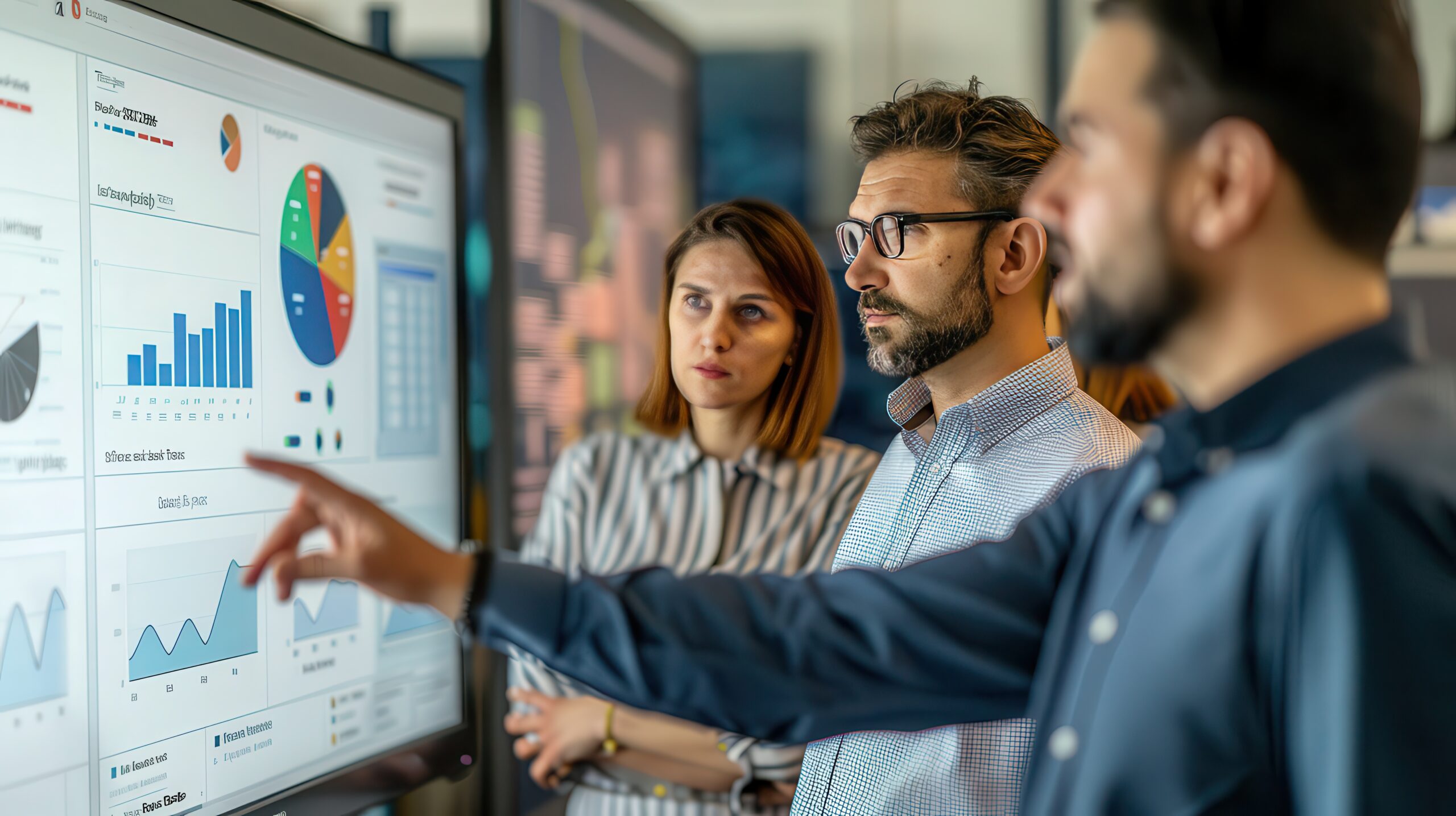 Group of people looking at charts on a monitor