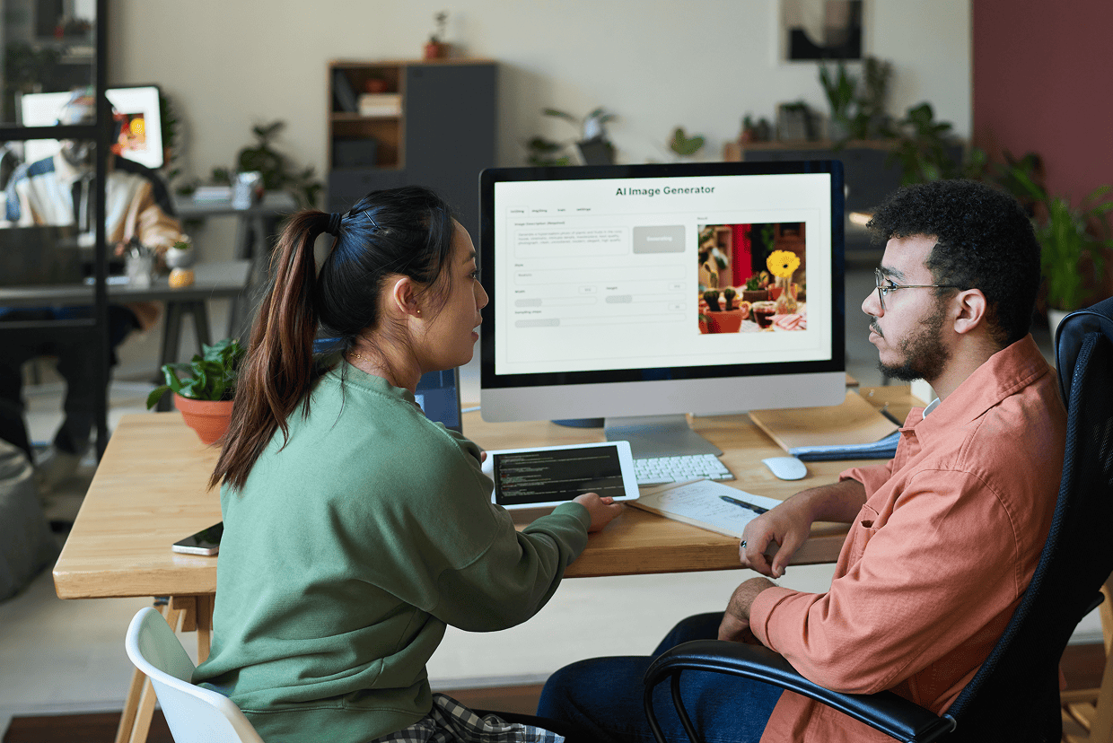 Male and female seated around a table with a tablet and laptop with AI Image Generator on the screen