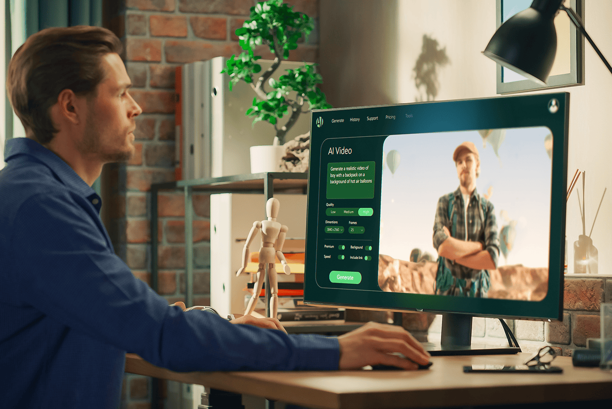 Male in blue shirt looking at the desktop screen with AI video displayed