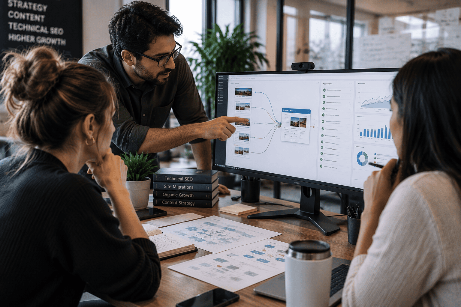 Group of people looking at a screen with charts and maps