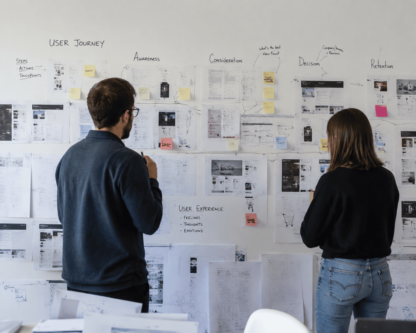 male and female looking at a wall with writings, sheets and post it notes affixed