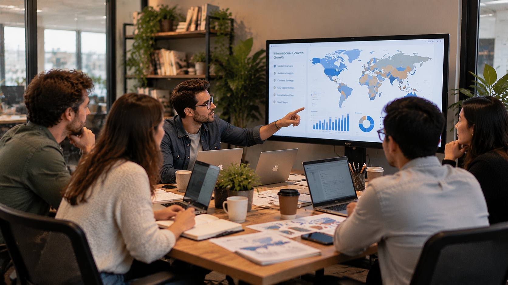 Group of people setting around a table looking at a screen with International Growth, maps and charts