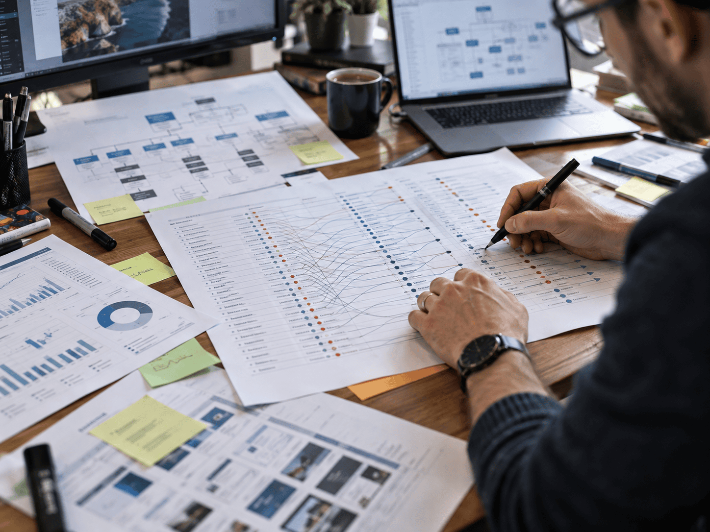 Man holding a pen connecting circles with sticky notes and other charts on a desk