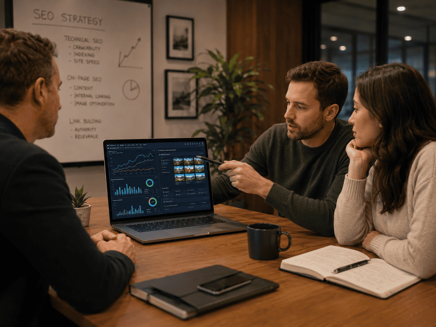 3 individuals looking at a laptop screen with charts and graphs
