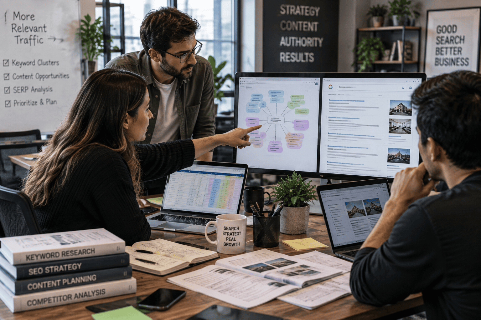 Individuals looking at a dual screen with a circular map with colors and Google search